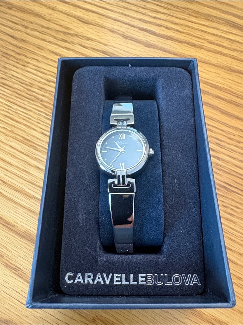 Women's Caravelle Bulova Silver Bracelet Watch with Black Dial New in Box